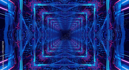 Vibrant blue and pink neon circuit board design with futuristic geometric patterns