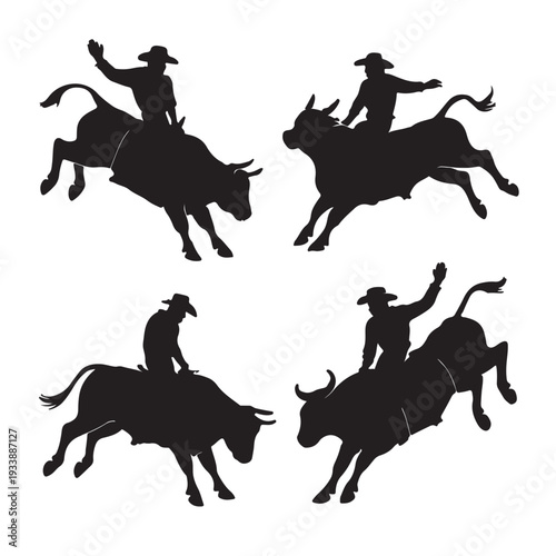Silhouettes of bull riders competing in a rodeo event on a plain white background
