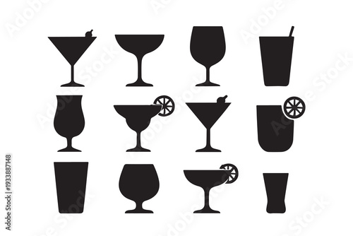 Twelve different black silhouette icons of cocktail and drink glasses isolated on a plain white background.