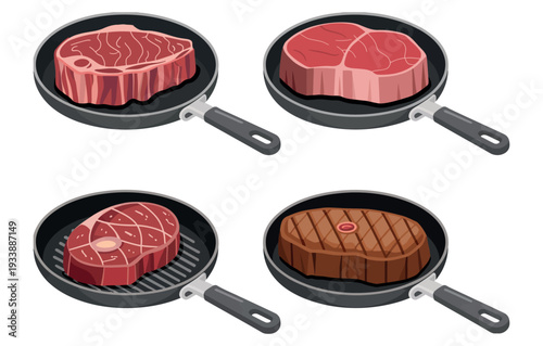 Gourmet Ribeye Steak Collection, Raw and Grilled Beef in Frying Pan Vector Illustration