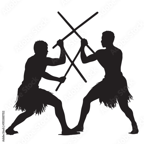 Silhouette of two warriors practicing traditional stick fighting in a ceremonial dance