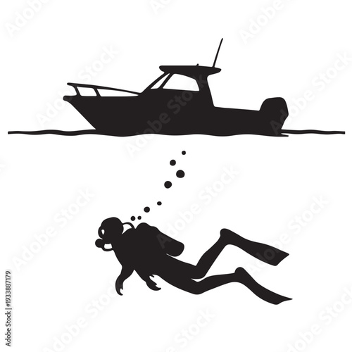 Silhouette of a scuba diver swimming underwater beneath a motorboat on the surface.