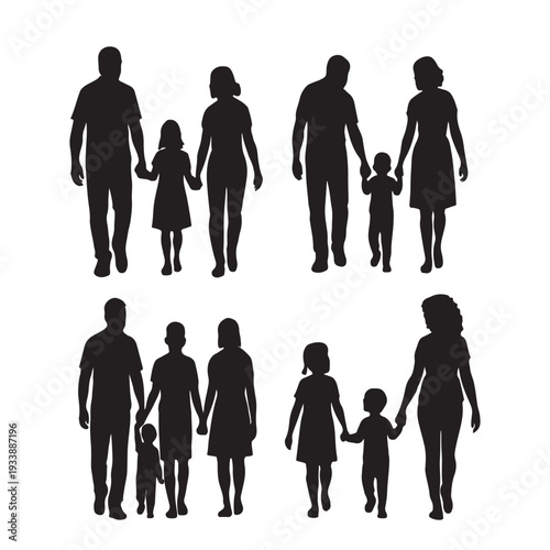 Silhouettes of four different families with parents and children walking together.