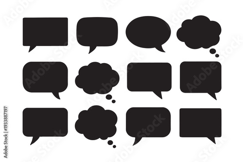 A collection of various black speech and thought bubble silhouettes in a grid layout