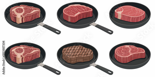 Beef Ribeye Steak Raw and Grilled in Black Frying Pan