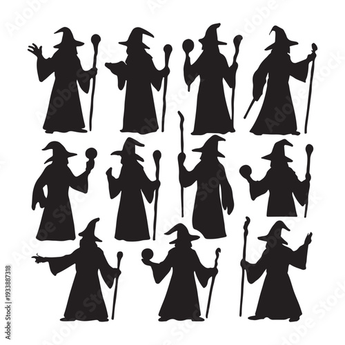 Black silhouettes of fantasy wizards wearing robes and pointed hats holding magic staffs.
