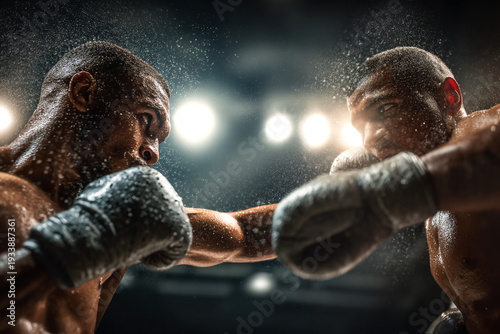 Two intense boxers trading punches in a brightly lit boxing ring during a night match