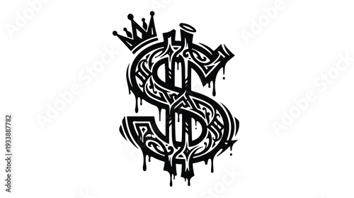 Stylized Dollar Sign with Crown and Dripping Effect.