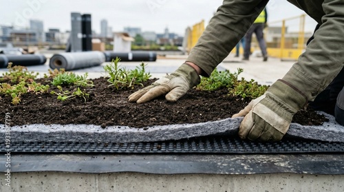 Person planting green roof with soil and small plants on rooftop