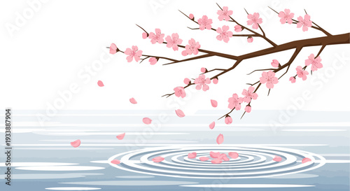Cherry Blossom Petals Falling into Water Ripples
