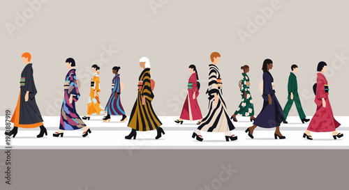 Diverse Women in Kimonos Walking Sidewalk Fashion Show