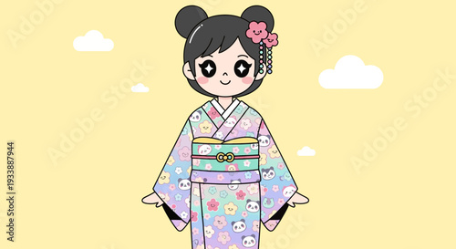 Cute Kawaii Girl in Kimono with Panda and Flower Pattern