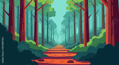 Enchanting Forest Path: Lush Greenery and Tall Trees