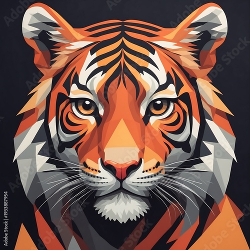A striking geometric illustration of a tiger's face with bold orange and black stripes, presented against a dark background, evoking a sense of power and wild beauty
