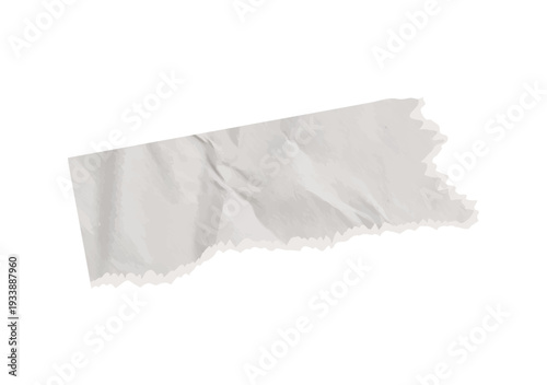 White torn paper note vector piece. Realistic sticky notebook texture with old rip, blank notepad shape, crumpled memo fragment for posts.