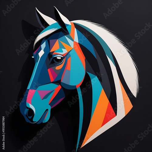 Dynamic Geometric Horse Head Illustration with Bold Abstract Shapes and Vibrant Colors on a Dark Background, Showcasing Modern Equine Art and Creative Design