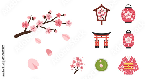 Japanese Cherry Blossom Icons: Torii Gate, Kimono, Lanterns, Matcha
