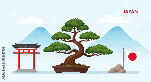 Japan Travel: Bonsai Tree, Torii Gate, Flag, Mt Fuji