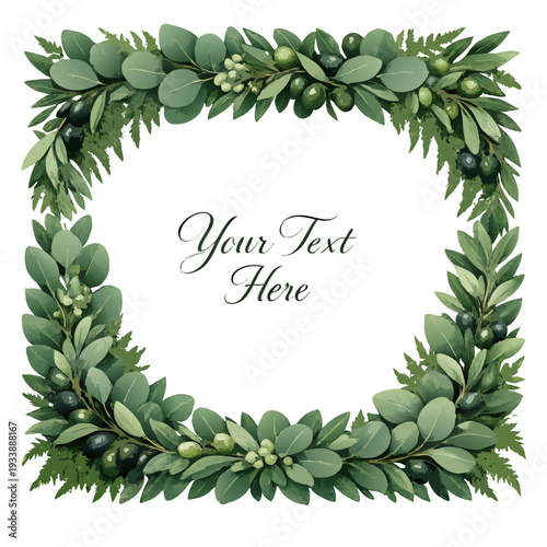 Square botanical frame with Your Text Here in watercolor style, green and dark olive colors, representing nature-inspired invitation or greeting card with copy space