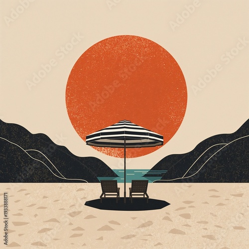 Serene beach scene with two lounge chairs and a striped umbrella under a large orange sun, with distant mountains and calm water