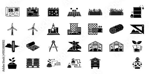 Collection of Solid Glyph Icons for Agriculture, Renewable Energy, Smart Farming, and Sustainable Industry