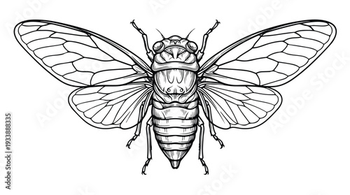 Detailed Black and White Illustration of a Cicada Insect.