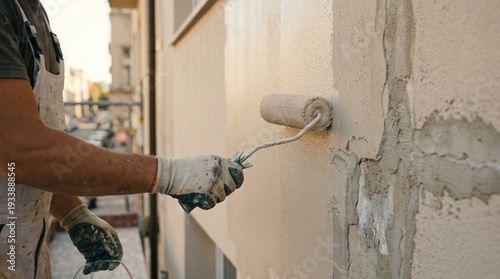 Painter applying paint to exterior wall with roller