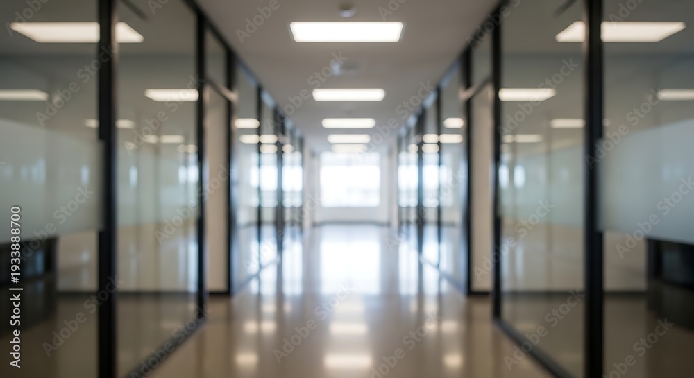 Fototapeta premium Blurred modern office hallway with glass walls and ceiling lights corridor interior