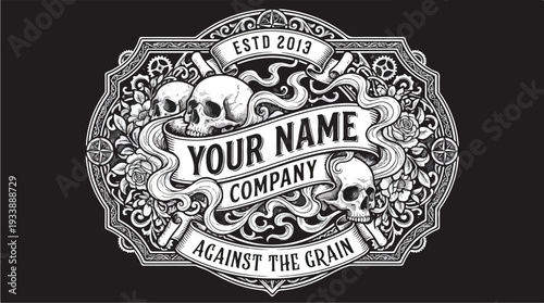 Vintage Emblem Logo with Skulls and Banner for Company.