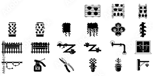 Vertical Garden and Hydroponics Black Vector Icon Set. Gardening Planters, Plant Walls, and Tools.