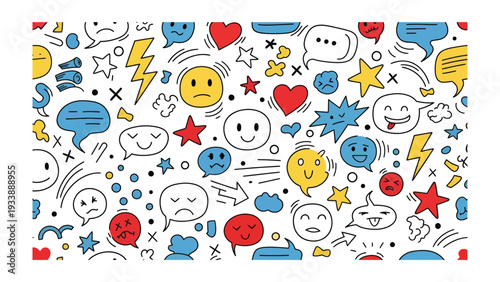 Expressive Illustration: A vibrant illustration filled with a multitude of speech bubbles and emoticons, each conveying a unique emotion and idea.