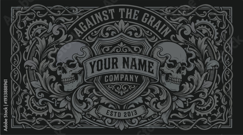 Vintage Skull Emblem with Ornate Details and Text.