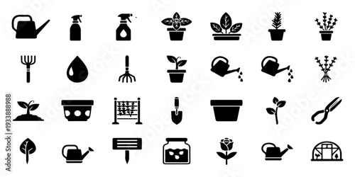 Set of 36 Modern Simple Gardening and Planting Tools Vector Icons