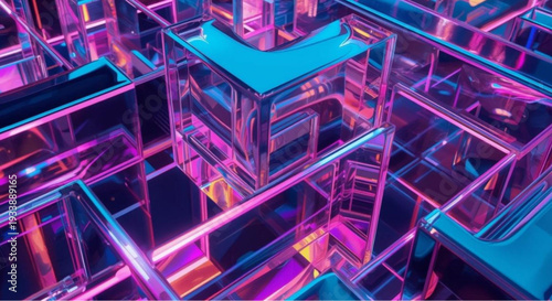 Vibrant neon lit glass maze with pink and blue hues