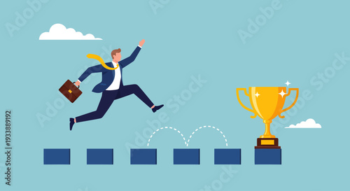 An energetic businessman in a blue suit leaps dynamically across floating blocks with his brown briefcase, hurrying towards a gleaming golden trophy set against a strikingly minimalist light blue sky