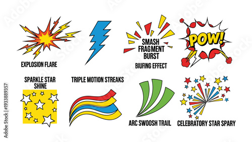 Comic Pop Art Elements: A collection of dynamic, bold comic book elements burst forth with energy and visual impact, evoking feelings of excitement and action. 