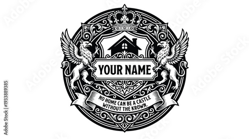 Ornate Emblem with Griffins and House Crest.