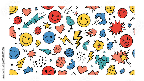 Cheerful Doodle Pattern: A vibrant, hand-drawn doodle pattern bursts with life, featuring a playful mix of emojis, hearts, stars, lightning bolts, and abstract shapes, creating a joyful.