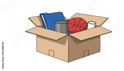 Open Cardboard Moving Box with Household Items Including Folders and Sports Ball for Relocation Storage Logistics Organizing and Home Delivery Service Concepts