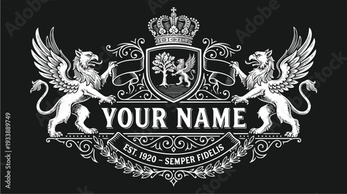 Vintage Griffin Crest Emblem with Crown and Banner.