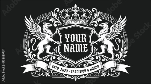 Elegant Crest with Griffins and Crown Emblem.