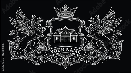 Elegant Emblem with House and Griffins.