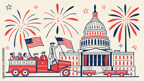 Patriotic parade in front of the US Capitol building with fireworks and American flags