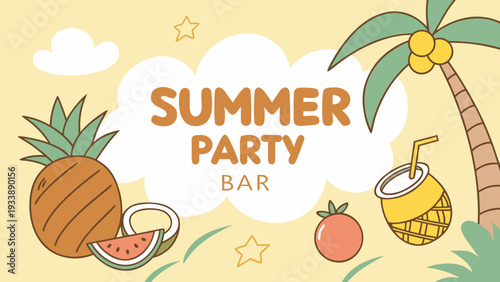 Summer party bar with tropical fruit and palm tree illustration pineapple watermelon