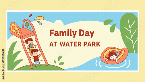 Family Day at Water Park with Children on Slide and in Tube