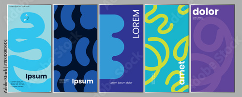 A colorful abstract design with six panels featuring swirling patterns and placeholder text