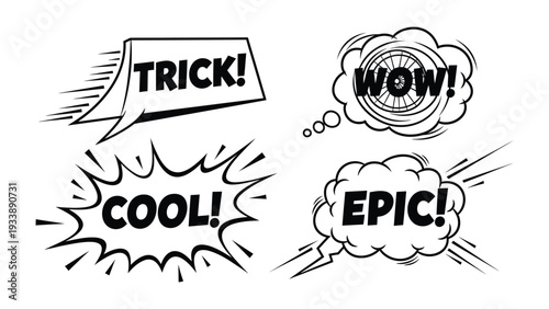 Comic Expressions in Silhouette: Dynamic expressions trick, wow, cool and epic, visually represented in bold comic speech bubbles, convey immediate reactions and heighten the experience.