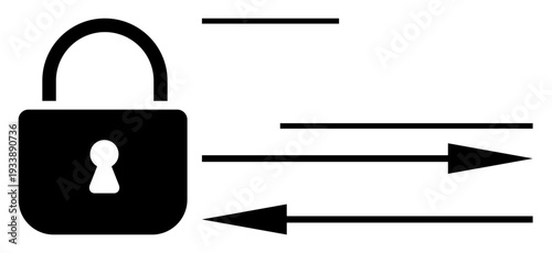 Cybersecurity, data encryption, secure transfer, internet safety, data privacy, access control. Lock symbol with directional arrows. Cybersecurity and data encryption visually