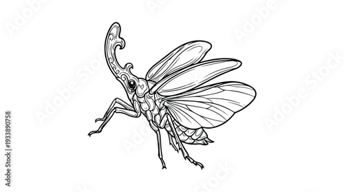 Detailed Line Art Illustration of a Lanternfly Insect.