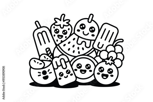 A cartoon illustration of happy fruits and popsicles together smiling